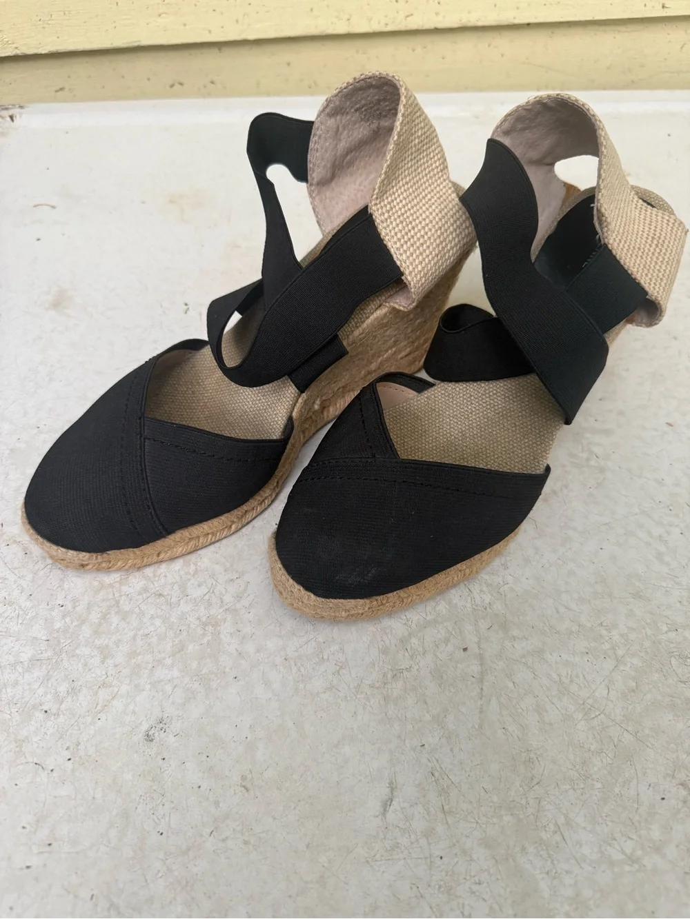 Adrienne Vittadini Black and Beige Espadrille Wedge Sandals